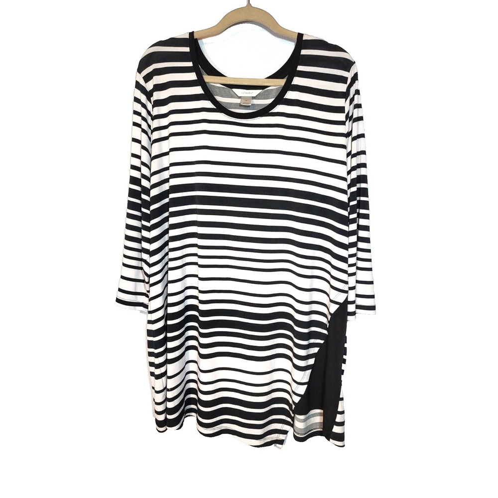 CJ Banks Striped Asymmetrical Tunic/Dress Round Neck Black Accent At Hem Size 2X